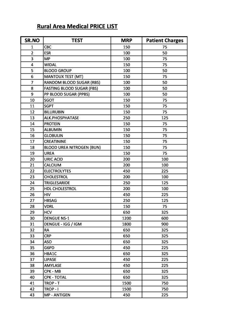 Rural Area Medical PRICE LIST